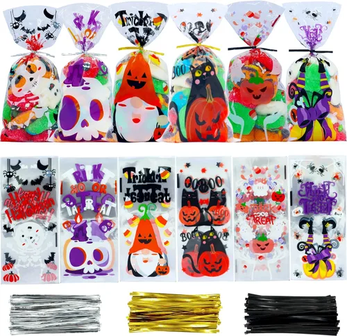 VEYLIN 120 bolsas de celofán de Halloween, bolsas de dulces transparentes para dulce o dulce para suministros de fiesta de Halloween Estilos morados