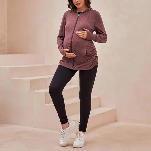 Miniatura 4 de DEBELLY Sudaderas de maternidad de manga larga con cremallera completa, casual, para embarazo, chaqueta con bolsillos, agujero para el pulgar