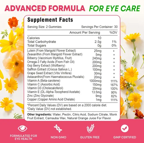 Miniatura 6 de Gomitas de suplementos de luteína y zeaxantina, suplemento avanzado de vitaminas para los ojos con arándano, azafrán, semilla de uva, omega 3