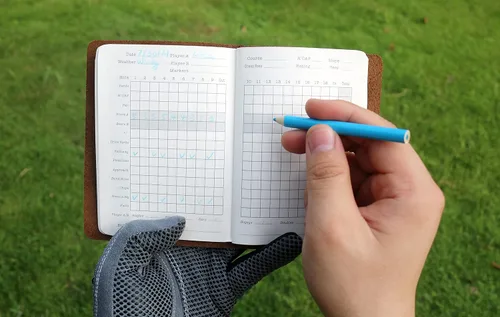 Miniatura 3 de Handy Picks Libro de registro de golf de cuero, hecho a mano y recargable, libro de golf y yardage incluido