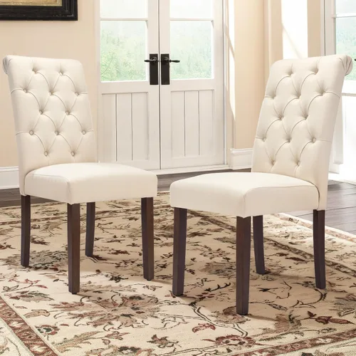COLAMY Juego de 2 Sillas de Comedor Copetudas, Sillas de Cocina Accent Parsons Tapizadas en Tela Elegante con Patas de Madera Maciza y Asiento Beige