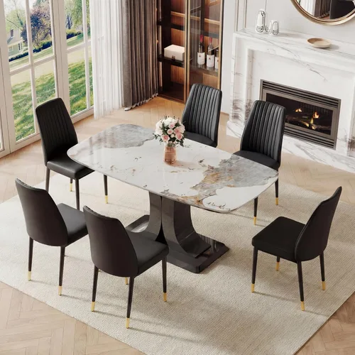 Juego de mesa de comedor moderno para 6, juego de mesa de cocina y sillas de mármol para 6, mesa de cocina rectangular con 6 sillas tapizadas en