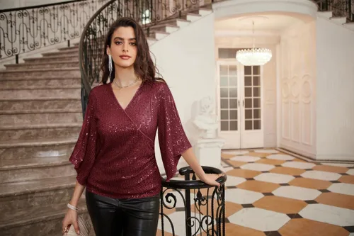 Miniatura 5 de GRACE KARIN Blusa de lentejuelas para mujer, manga 34, purpurina brillante, blusa de fiesta con cuello en V, tops elegantes para fiesta de noche