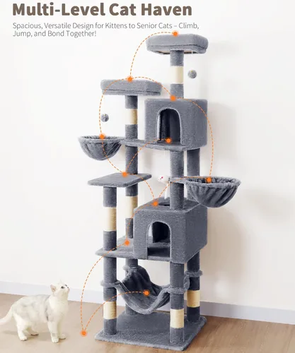 Miniatura 5 de AMHANCIBLE PT18GY - Árbol para gatos, torre para gatos de interior de 70 pulgadas de alto, árbol para gatos de varios niveles con poste rascador