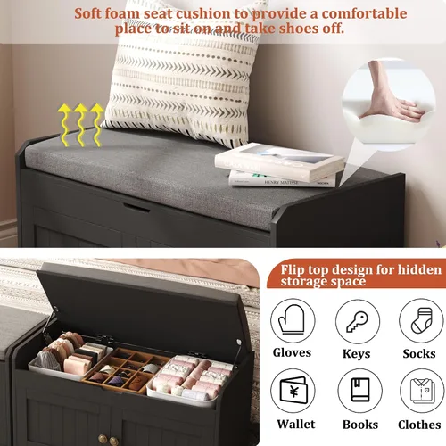 Miniatura 6 de HOMEFORT Banco para Zapatos de 30" con Almacenamiento de Tapa Elevable, Banco de Entrada con Asiento Acolchado, Banco de Madera para Pie de Cama