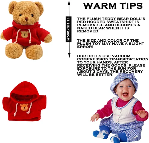 Miniatura 3 de Oso de peluche de 11.8 pulgadas, lindo oso de peluche con capucha para niños, rojo