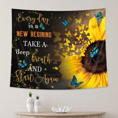 AMBZEK Tapiz de girasol amarillo de 51 pulgadas de alto x 59 pulgadas de ancho, mariposa, floración floral, planta de primavera, marrón, rústico,