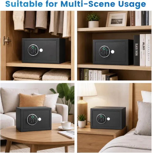 Miniatura 9 de Pequeña caja de seguridad biométrica inteligente para el hogar, mini caja fuerte para el hogar con alertas dobles antirrobo, modo silencioso