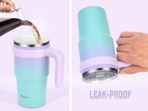 Miniatura 6 de Zukro Vaso de 20 onzas con asa, tapa y pajilla, forrado de cerámica, de acero inoxidable de doble pared aislada al vacío, tazas de café para hogar