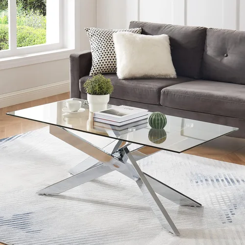 Miniatura 10 de Mesa de café dorada para sala de estar, mesa de café moderna de vidrio con tapa de vidrio templado de 47" y patas metálicas tubulares para espacios