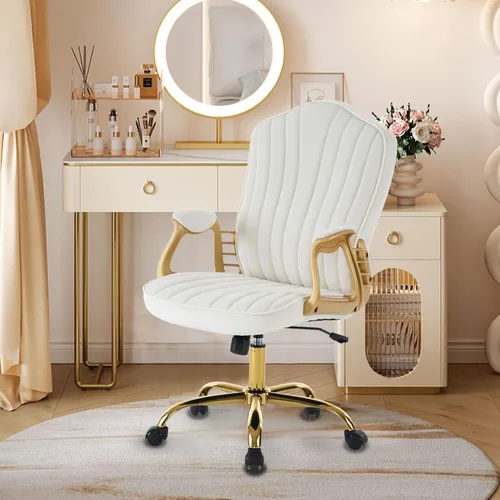 Miniatura 4 de Silla de oficina en casa de terciopelo con brazos y patas dorados, cómoda silla de escritorio giratoria tapizada y capitonada, cómoda con ruedas