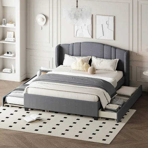 Miniatura 12 de Cama de plataforma tapizada de tamaño individual con barandilla, cabecera de almacenamiento y estribo, para niños, adolescentes y adultos, uso