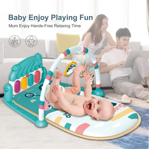 Miniatura 5 de dearlomum Tapete de juego para bebé y piano para tiempo de barriga, alfombrilla de actividad sensorial para bebés con 5 juguetes, música y luces