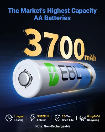 Miniatura 2 de EBL Baterías de litio AA de 3700 mAh, paquete de 8 baterías no recargables de 1.5 V de más larga duración doble A mejoradas, baterías AA de litio