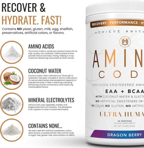 Miniatura 4 de Ultra Human Amino Code Aminoácidos esenciales + BCAA + electrolitos de agua de coco Bebida energética de aminoácidos saborizados
