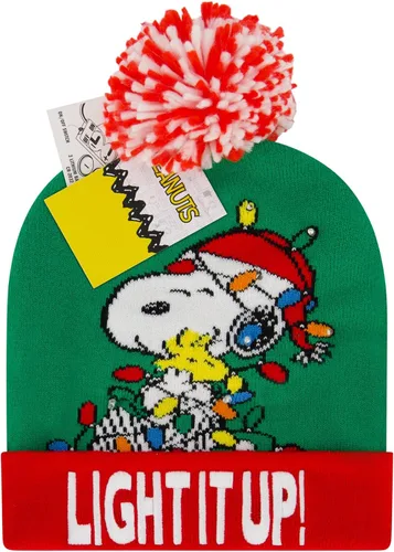 Miniatura 3 de Peanuts Beanie Hat, Snoopy y Woodstock - Suéter de punto de invierno con pompón y puño, color verde, talla única, Verde