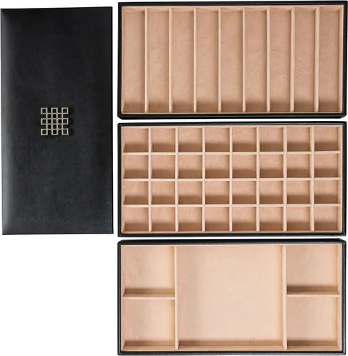Glenor Co Organizador de bandejas para joyas, 3 bandejas apilables grandes y tapa, almacenamiento de 46 ranuras para cajón, aparador, color negro