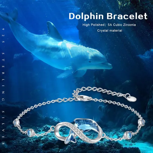 Miniatura 3 de Pulsera de delfín para mujer, de plata de ley, tobilleras de delfín, impermeables, hipoalergénicas, dijes de cristal, regalo único de Navidad