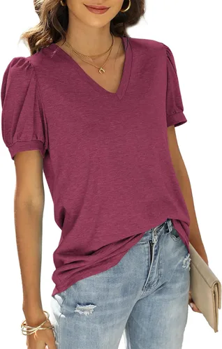 Miniatura 3 de WIHOLL - Blusas de verano para mujer, con cuello en V y mangas abullonadas, camisetas de moda casual