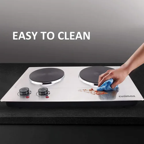 Miniatura 6 de CUSIMAX Placa de cocción doble de 1800 W, quemador doble de encimera de acero inoxidable plateado, portátil, eléctrico, placas de cocción de hierro