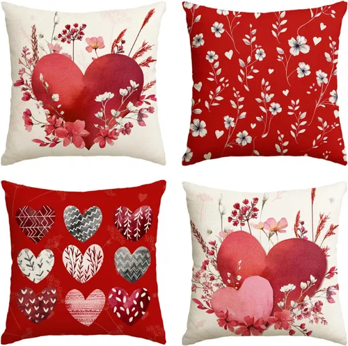 AVOIN colorlife Juego de 4 fundas de almohada rojas con corazón de amor para el día de San Valentín, 18 x 18 pulgadas, flores, hojas, aniversario,