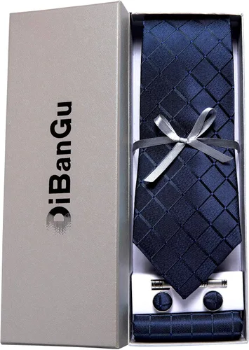 Miniatura 3 de DiBanGu Corbata de seda a cuadros para hombre corbata y bolsillo juego de gemelos cuadrados de corbata para boda negocios