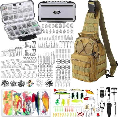 Sosation Kit de equipo de pesca de 482 piezas, caja de aparejos de pesca con aparejos incluidos, mochila, señuelos, ganchos, plomos, herramientas de