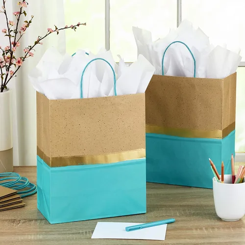 Miniatura 2 de Hallmark Bolsas de regalo de papel grandes de 13 pulgadas (paquete de 6, turquesa y kraft) para cumpleaños, Pascua, bodas, día de la madre, baby