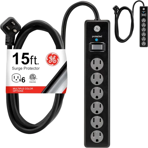 Miniatura 13 de GE - Barra multicontacto con protector de sobretensión, cable de extensión de 2.4 m, 6 tomas, 800 joules, clavija plana, cubiertas de seguridad
