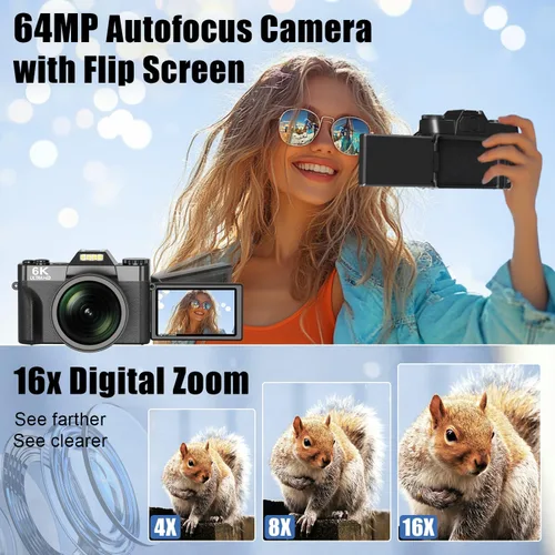 Miniatura 4 de Cámara Digital 6K para Fotografía, Cámara de Vlogging de 64MP para YouTube con Pantalla Abatible de 3" 180°, Zoom 16X con Enfoque Automático Cámaras