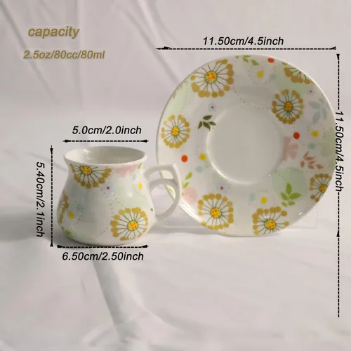 Miniatura 5 de GuangYang 12 Piezas Tazas y Platillos Expresso para 6 Personas, Juego de 6 Tazas de Café Turco de 2 Onzas, Patrón Floral de la Suerte, Buen Juego