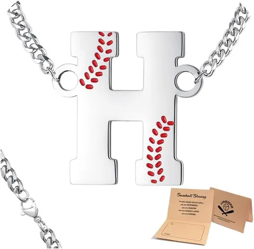 Miniatura 8 de QINJIEJIE Collar de béisbol inicial A-Z con letras, accesorios deportivos, colgante de encanto de béisbol, joyería de cadena de acero inoxidable 2-P