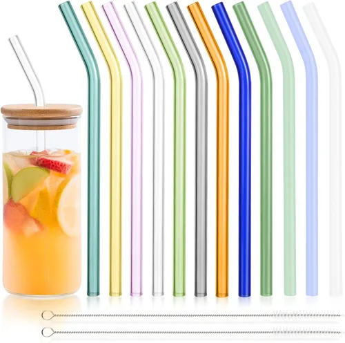 Miniatura 8 de Paquete de 12 popotes de vidrio reutilizables - 8" x 8 MM, popotes de vidrio curvos para beber con 2 cepillos de limpieza, popotes reutilizables
