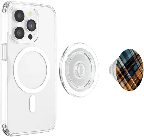 Miniatura 4 de Navy Black and Orange Plaid Halloween PopSockets MagSafe PopGrip de calabazas de otoño para iPhone