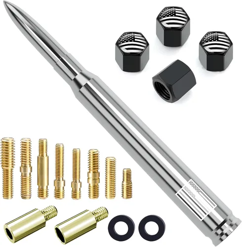 Miniatura 21 de Antena de camión para automóvil con tapas de válvula de neumáticos, bandera estadounidense, repuesto corto universal para GMC Sierra, Chevy, Negro