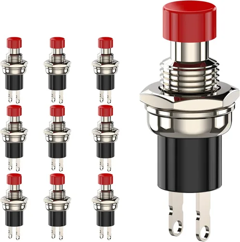 Miniatura 9 de Interruptor de botón momentáneo, 1A 250VAC SPST Mini interruptores de botón cerrado normal (NC) tapa negra y roja - 10 piezas
