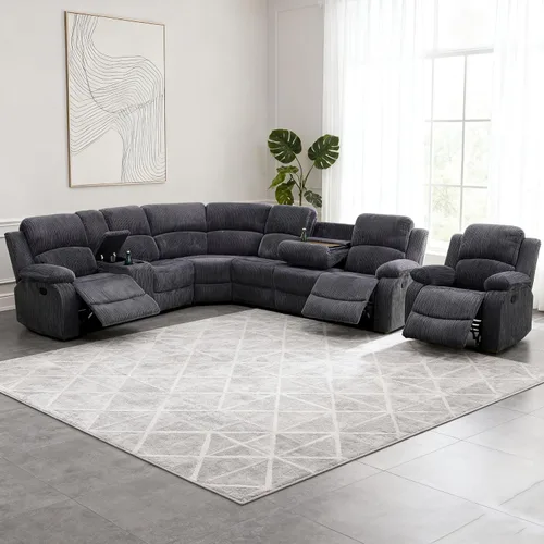 Miniatura 13 de Juego de sofá modular reclinable manual para sala de estar, sofá reclinable en forma de L, seccional de cuero con portavasos/almacenamiento