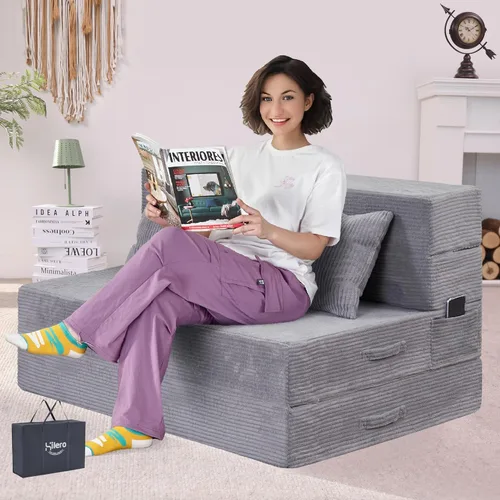 Miniatura 21 de Sofá Cama Individual Plegable Silla Sofá Cama con Almohada, Twin, Beige Cama de silla plegable