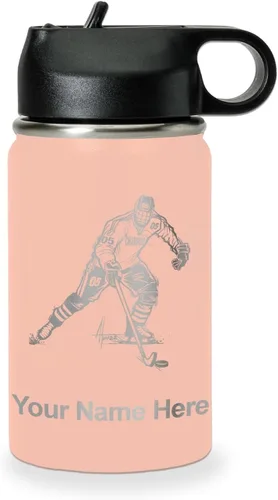 Miniatura 46 de LaserGram Botella de agua personalizada, jugador de hockey, acero inoxidable de doble pared aislada al vacío con popote superior, regalo grabado