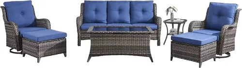 Miniatura 73 de HUMMUH Sillas Mecedoras Giratorias de Mimbre para Patio Exterior con Respaldo Alto, Sillas Deslizantes de Ratán PE, Juego de Muebles de Patio de 4
