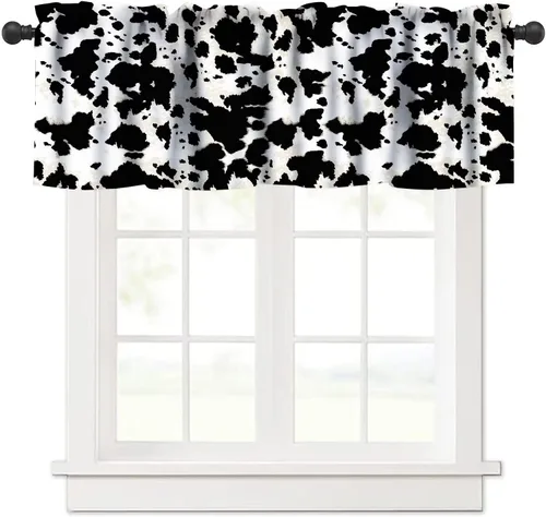 Cenefa de piel de vaca blanca y negra, con estampado de animales de granja occidental, cortina corta opaca para ventana de granja, cocina,