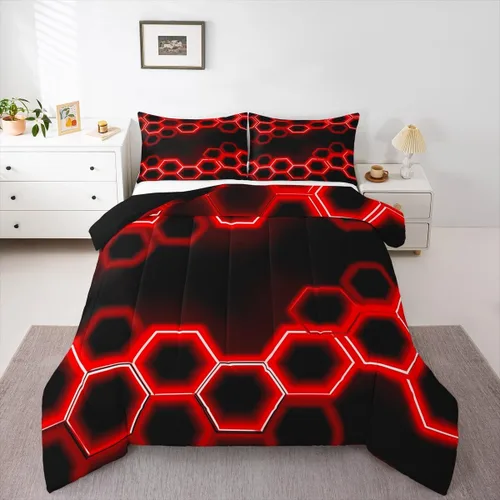 Miniatura 9 de Feelyou Juego de ropa de cama de panal de abeja, tamaño individual, juego de edredón hexagonal verde para niños y niñas, decoración geométrica