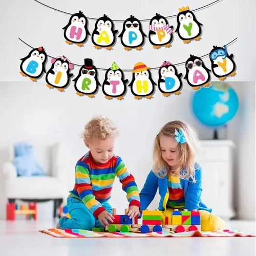 Miniatura 3 de Bonita pancarta de feliz cumpleaños de pingüino, decoraciones de fiesta de cumpleaños de pingüinos, decoración de fiesta de cumpleaños de baby