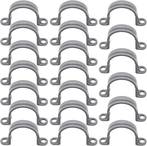 Correa de tubo de PVC de 1-1/4 pulgadas, abrazaderas de tubo de conducto de 2 agujeros, soportes de tubo de plástico (gris, 20 piezas)