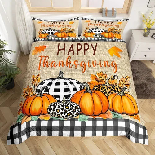 Miniatura 10 de Erosebridal Juego de funda de edredón individual de pavo de Acción de Gracias, juego de ropa de cama de calabaza y hojas de otoño para niños