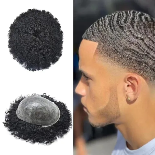 Miniatura 6 de Cabello afro rizado para hombre maravillas de cabello humano afroamericano de repuesto para hombres negros, piel de polietileno completa, sistema