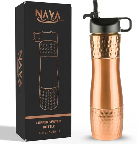 Botella de agua de cobre puro para agua potable con pajita y tapa deportiva 33.5oz / 950ml Botella de cobre ayurvédica para beneficios de salud