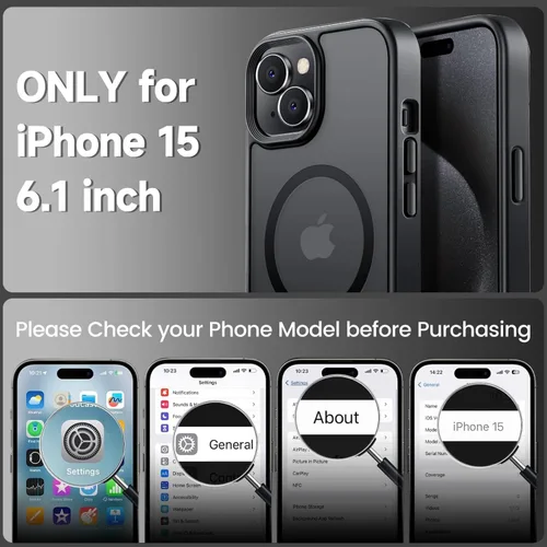 Miniatura 3 de Tigowos - Funda magnética para iPhone 15, resistente a las caídas, sensación de piel mate, a prueba de golpes, delgada, negro mate