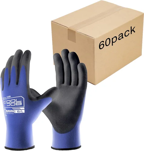Miniatura 10 de COOLJOB Paquete de 12/60 pares de guantes de trabajo de seguridad a granel con revestimiento de poliuretano de agarre, guantes de punto sin costuras