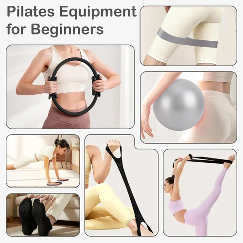 Miniatura 6 de Hoedia Kit de Pilates de 17 Piezas para Mujeres, Equipo de Pilates Anillo y Pelota Set con Bandas de Resistencia, Correa de Yoga, Deslizadores